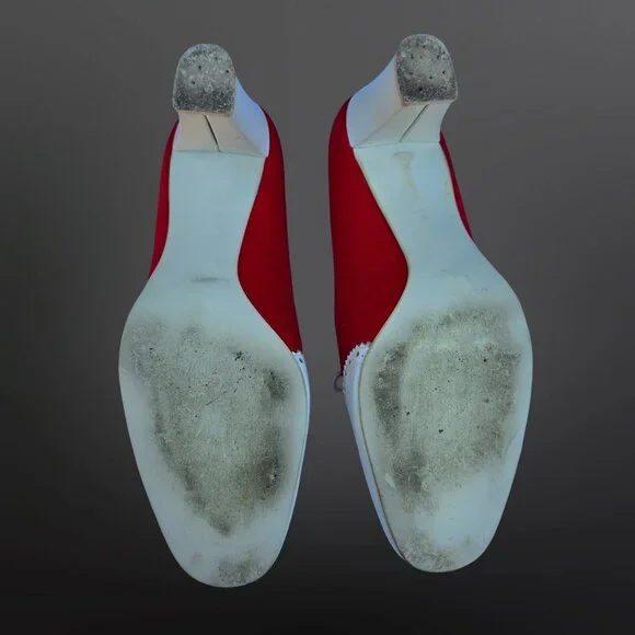 Vintage Socialites Spectator Heels Pumps Size 8 Red White 70s Does 40s Lace Up - Picture 11 of 11